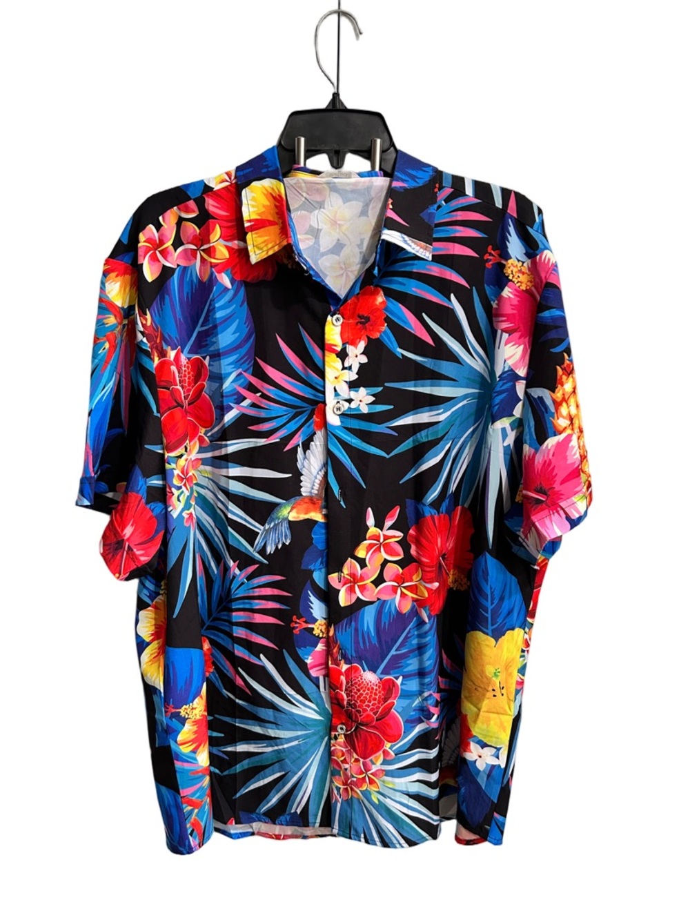 Men's Black Tropical Floral Short-Sleeve Button-Down Shirt